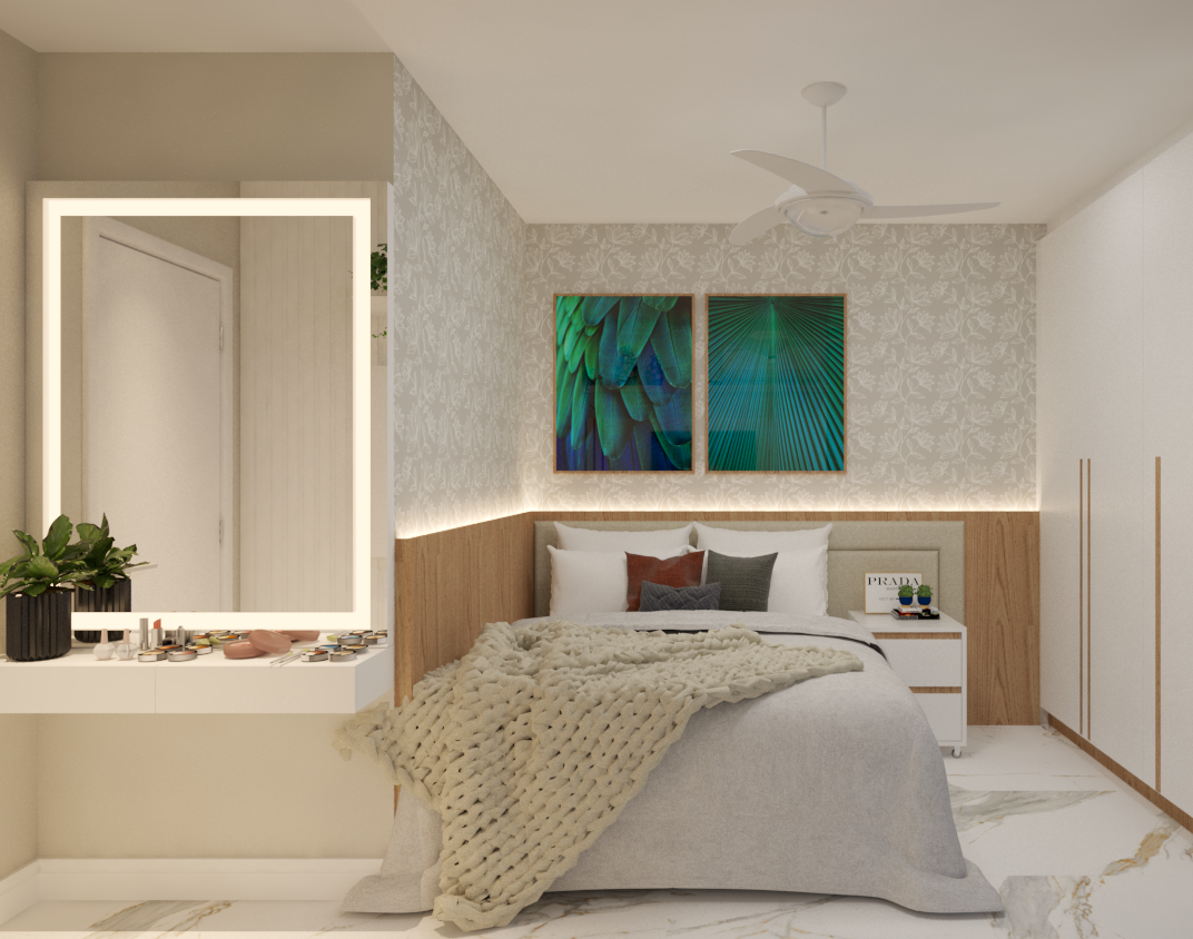 Quarto de casal com papel de parede floral projetado pela CocriARQ
