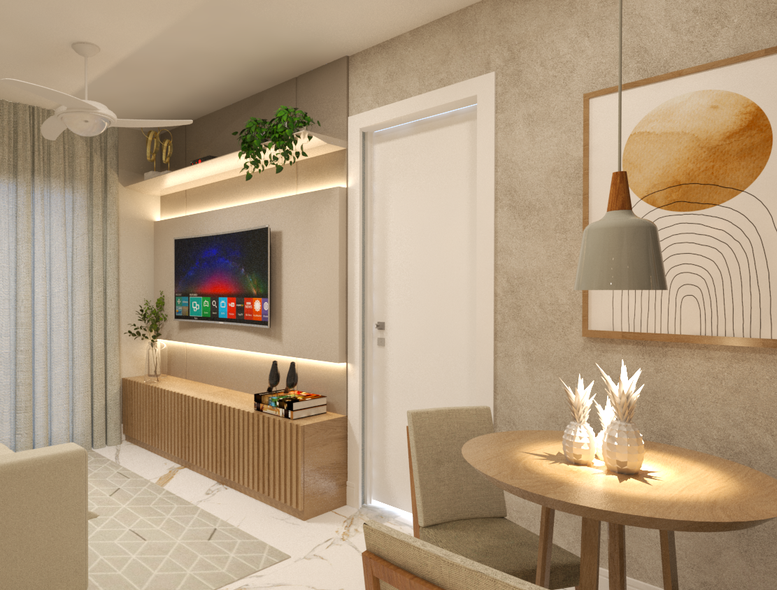 Sala de estar com painel ripado projetada pela CocriARQ