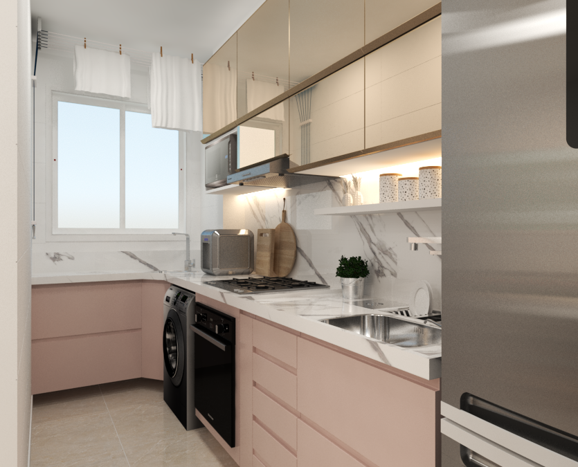 Cozinha com marcenaria rosé projetada pela CocriARQ